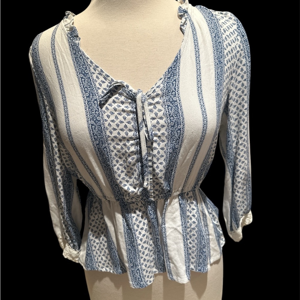 American rag company size, small blue, and white blouse